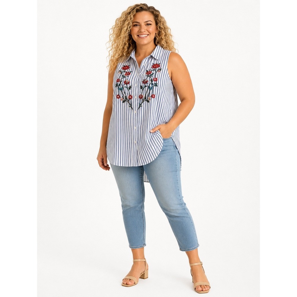 Terre Bleue Womens Sleeveless Embroidered Stripe Shirt Dress Medium Blue White